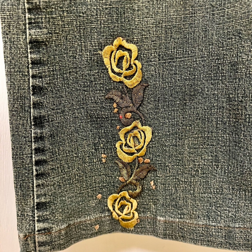 Vintage Y2K Flare Embroidered Floral Rose Faux Leather 100% Cotton Jeans size 30 - Picture 3 of 9